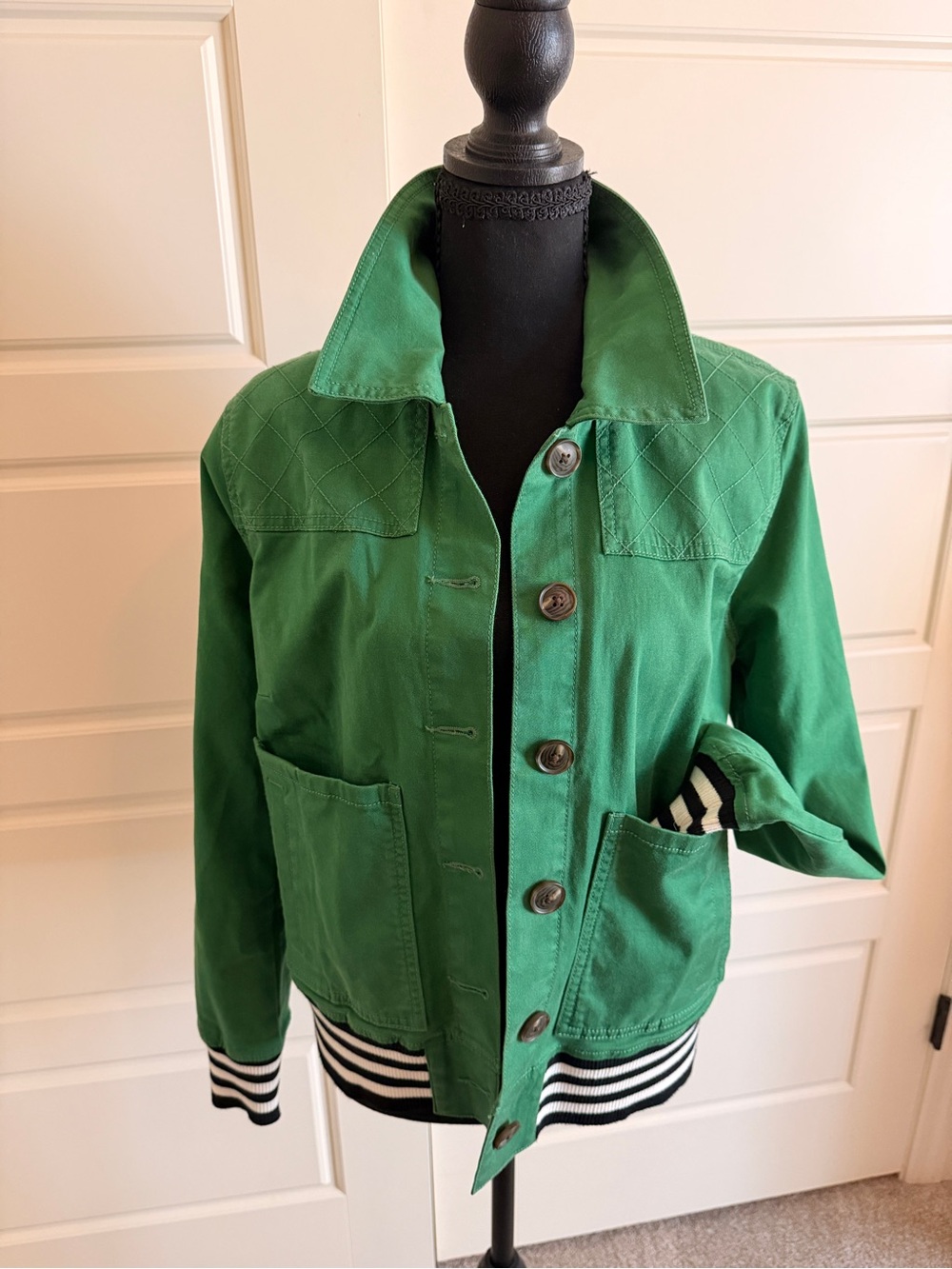 Cabi Women’s Green Jacket with Black Striped Trim